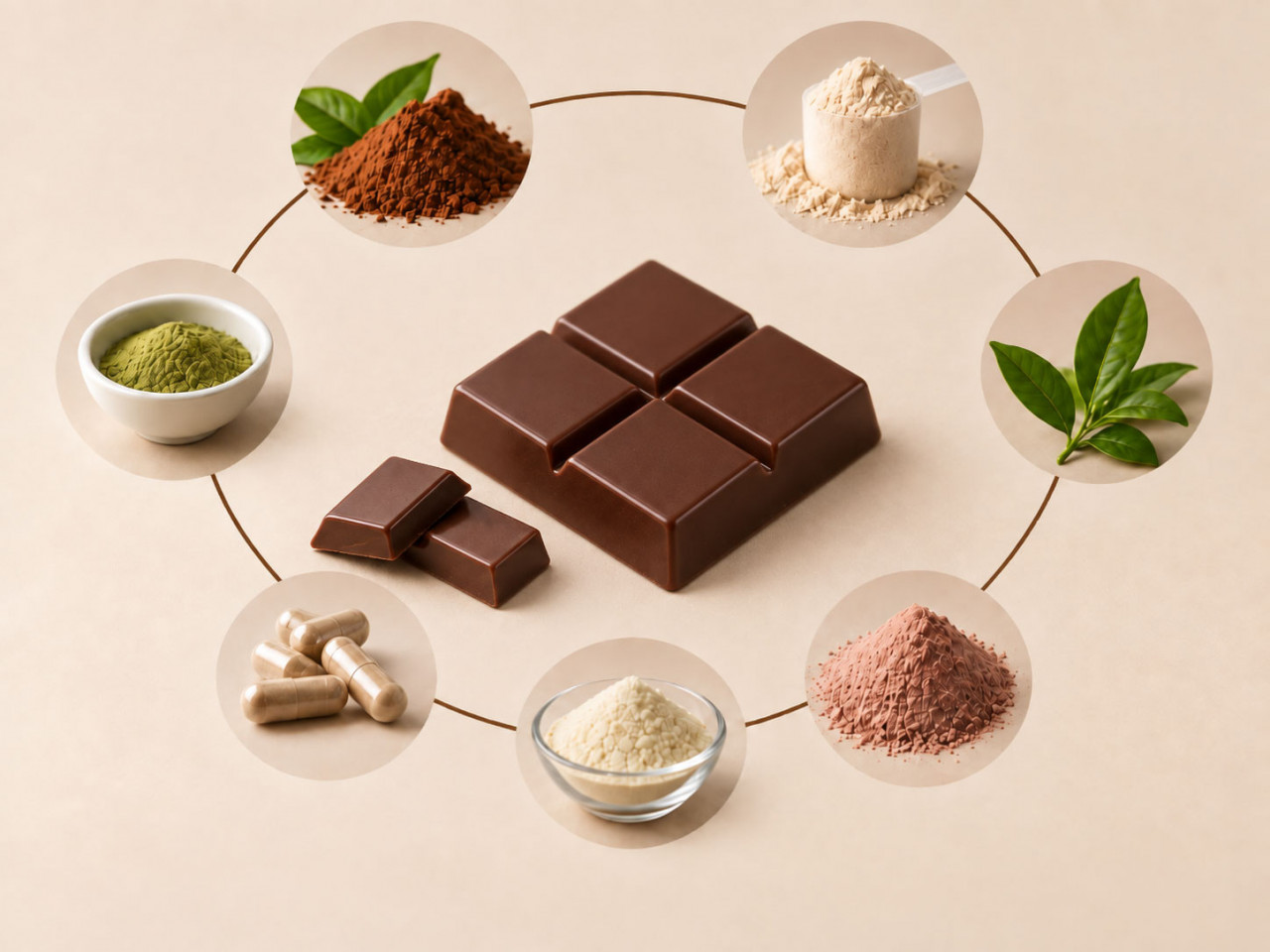 Chocolate squares surrounded by nutritional additives.