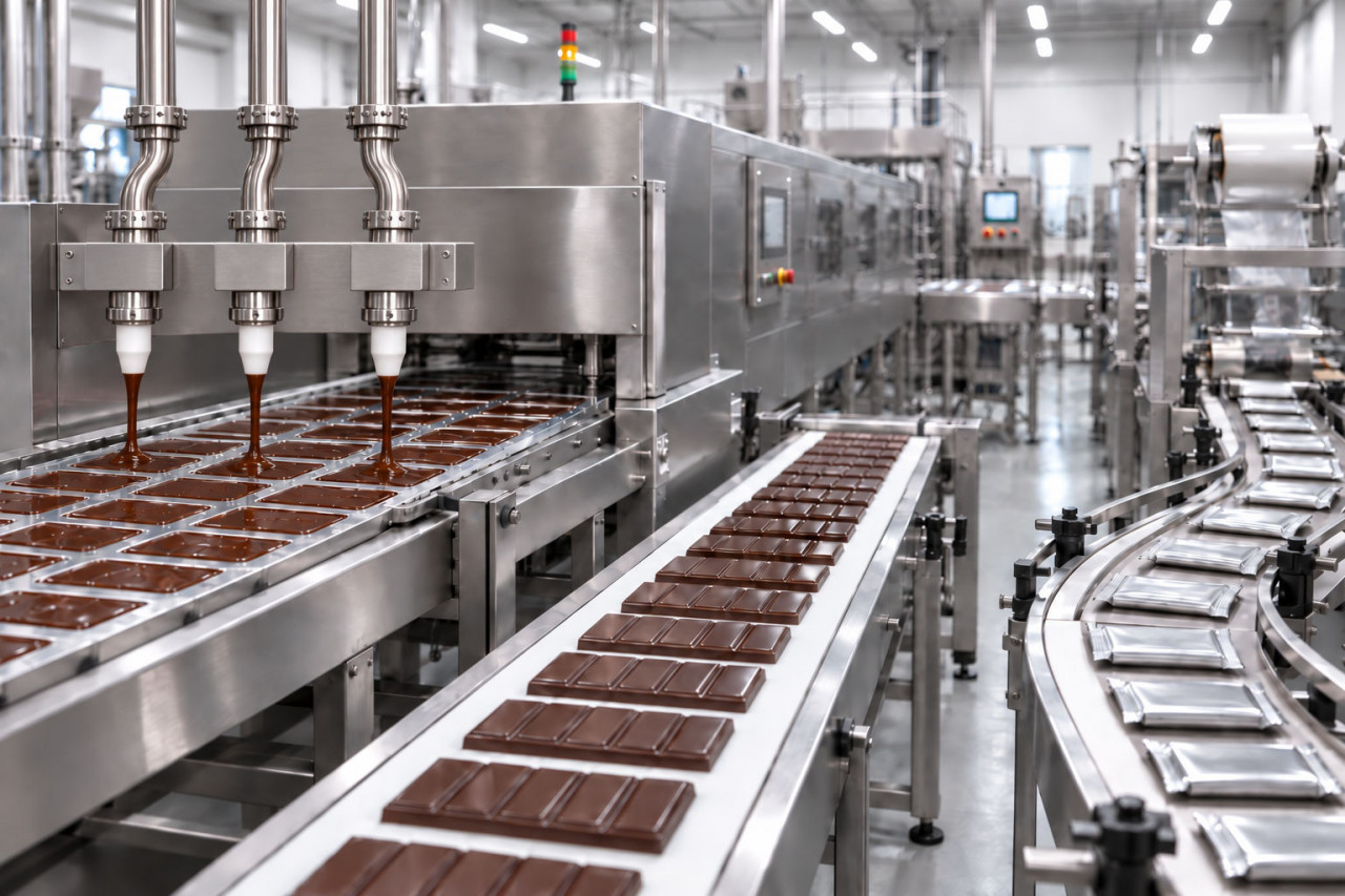 Chocolate is poured on  a manufacturing line.